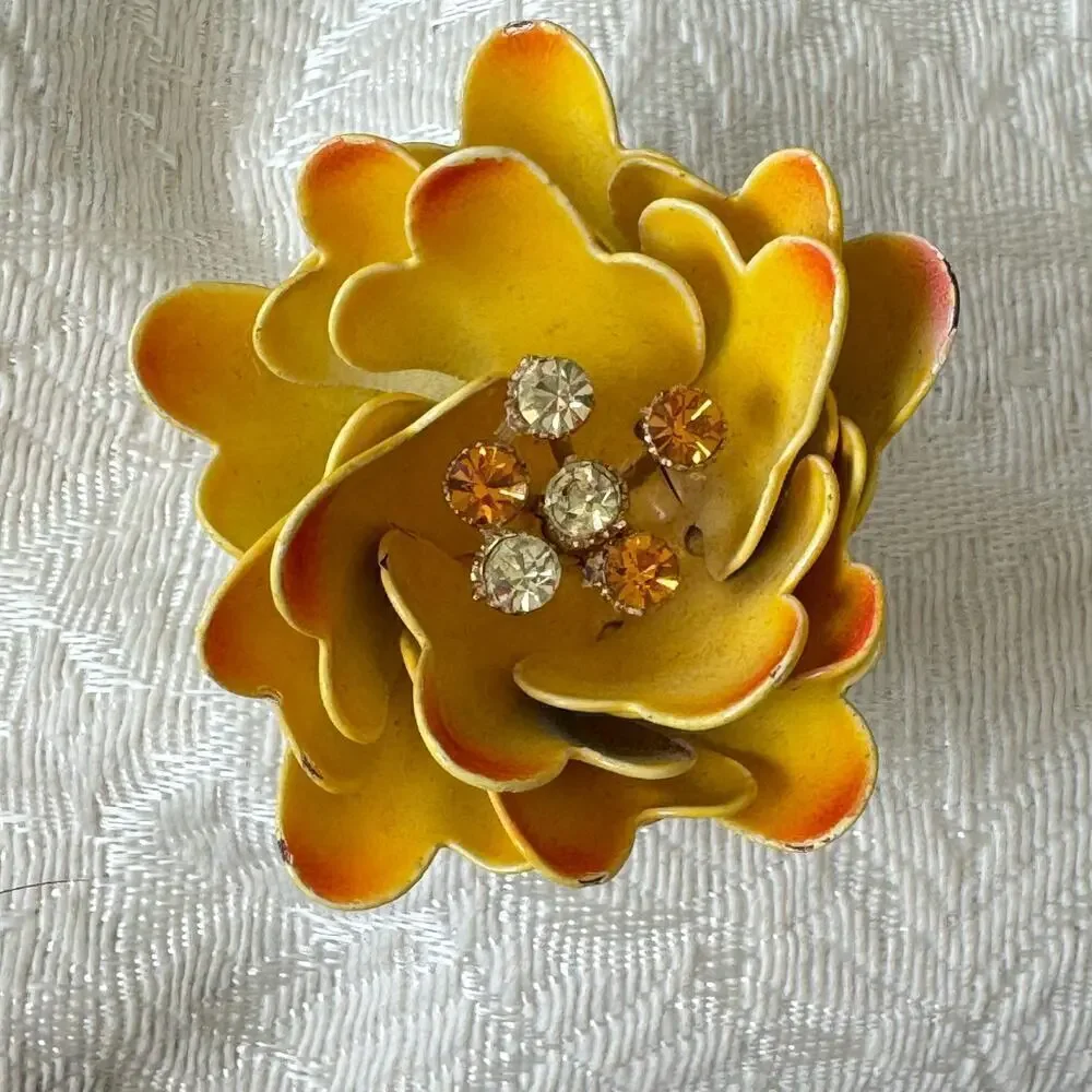 Vintage CORO Flower Brooch Large Yellow & Orange Enamel Metal Rhinestone Pin